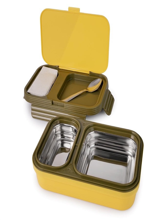 نابيا علبة غداء مدرسية من الفولاذ المقاوم للصدأ من نابيا، ذات قسمين، مانعة للتسرب وخالية من مادة BPA، مع ملعقة فولاذية، (أصفر) - Image 5